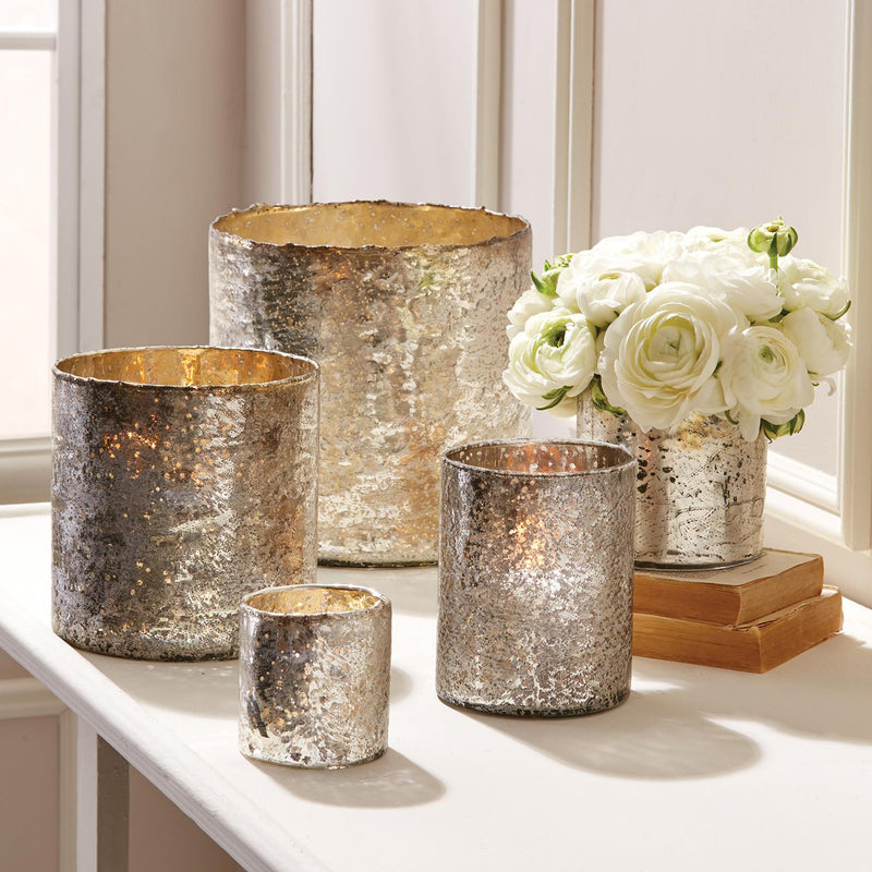 Set of 5 argent speckled metallic cylinder candleholder/vase