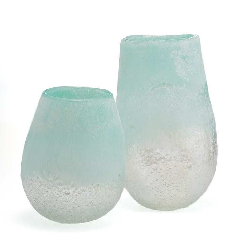 Set of 2 frosted seafoam glass vases, tall and short, rounded flared openings