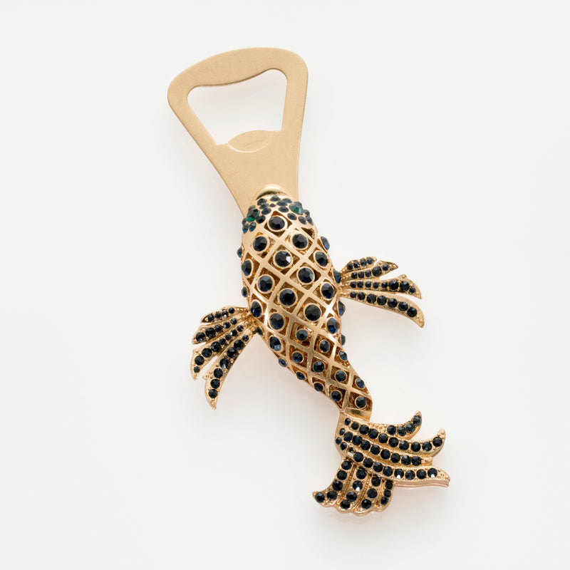 Navy koi fish metal bottle opener with gold-toned pattern and open-tab handle