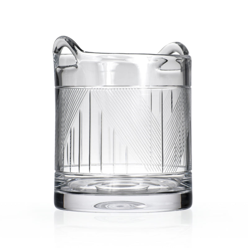 Clear glass ice bucket with ribbed geometric pattern and arched handles