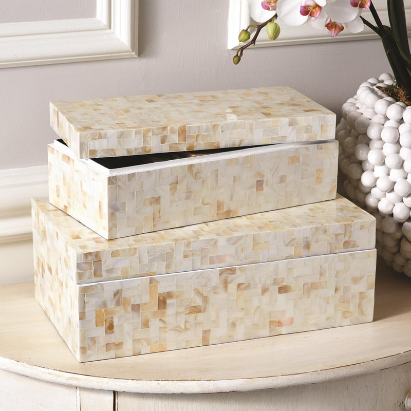 Set of 2 covered storage boxes with light herringbone tile pattern, stacked, rectangular