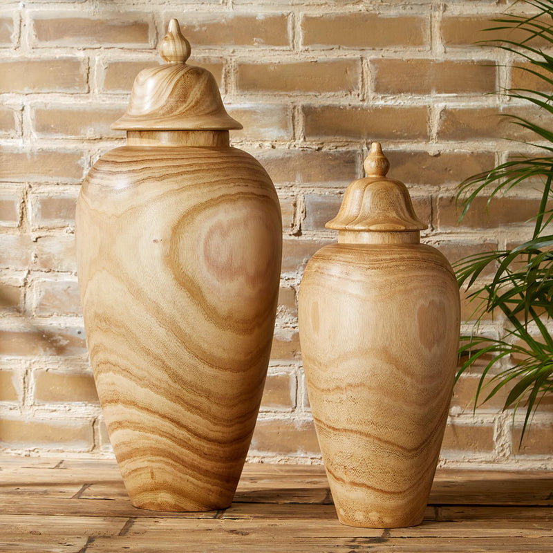 Set of 2 covered temple jars in light paulownia wood with rounded lids
