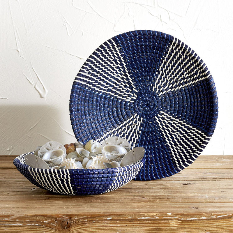 Set of 2 woven seagrass decor baskets, dark blue and cream striped with round lids
