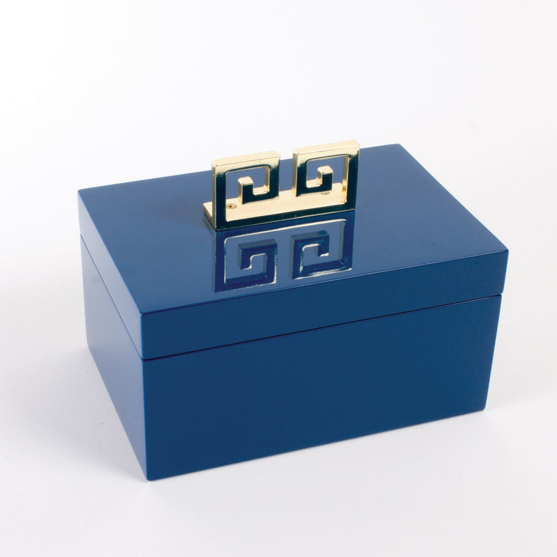 Blue lacquered keepsake box with gold Greek key latch on hinged lid