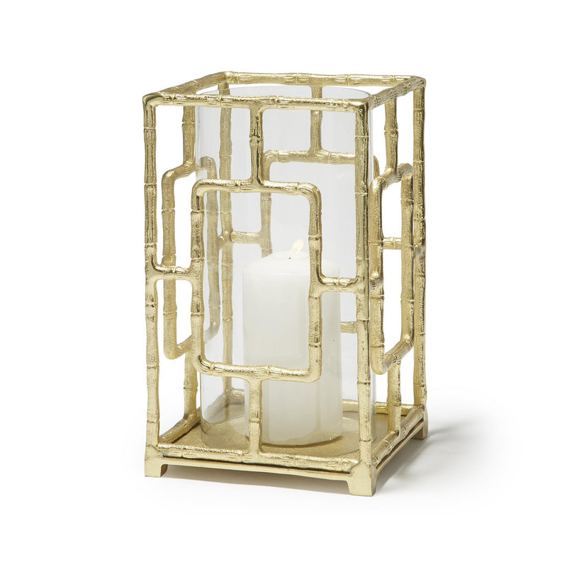 Gold bamboo-style hurricane candleholder with open top and glass insert