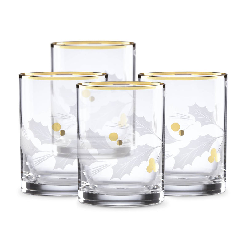 Set of 4 clear double old-fashioned glasses with gold rims and holly pattern