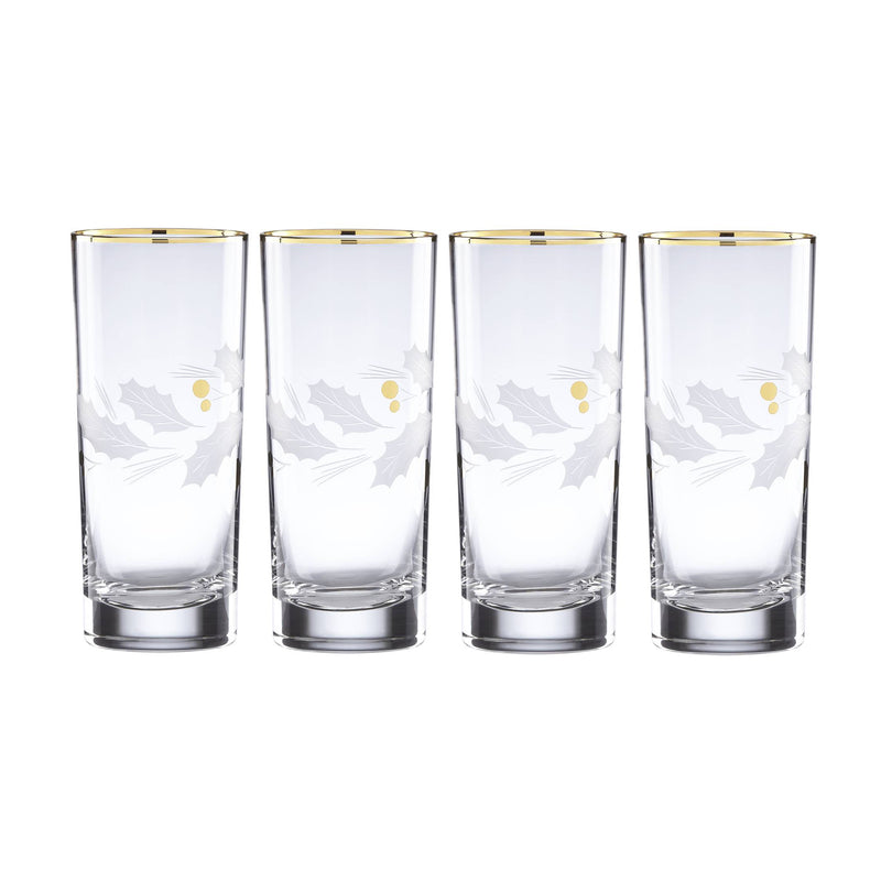 Set of 4 clear highball glasses with gold rim and holly/berry design