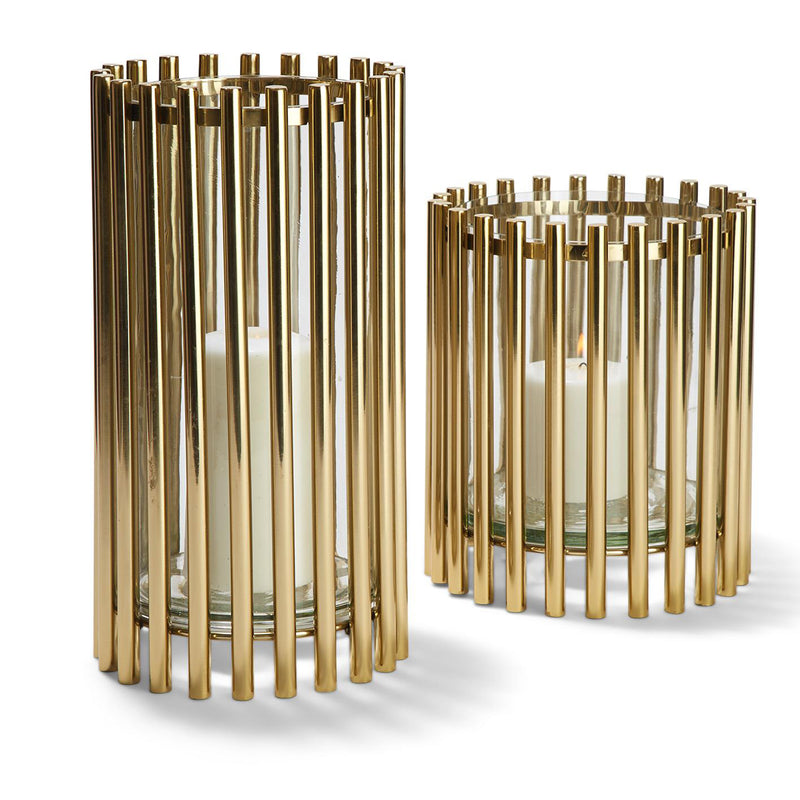 Set of 2 steel hurricane candleholders with gold metal sides and clear glass liners