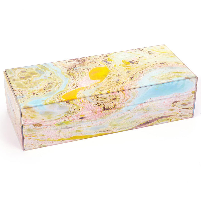 Rectangular glass box with marbled floating-ink pattern in pastel yellow, blue, and pink