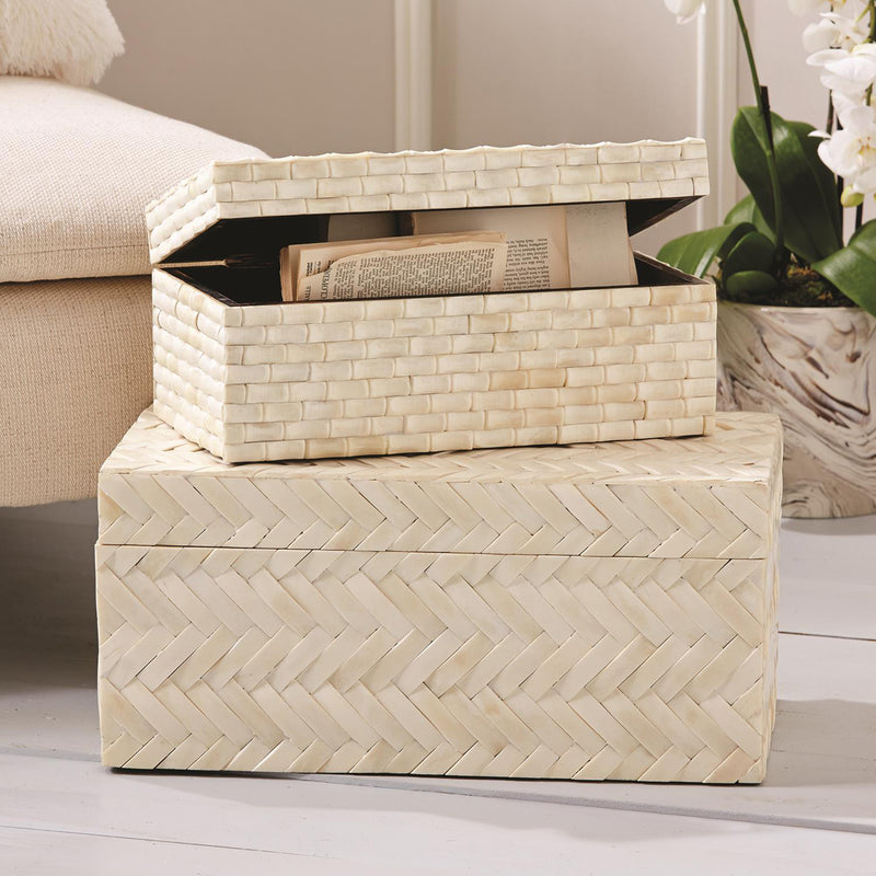 Set of 2 rectangular woven basket boxes in white with textured brick-style edges