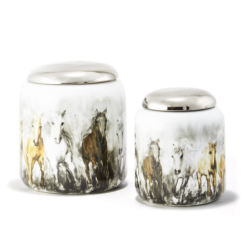 Set of 2 porcelain horse pattern jars with metal lids