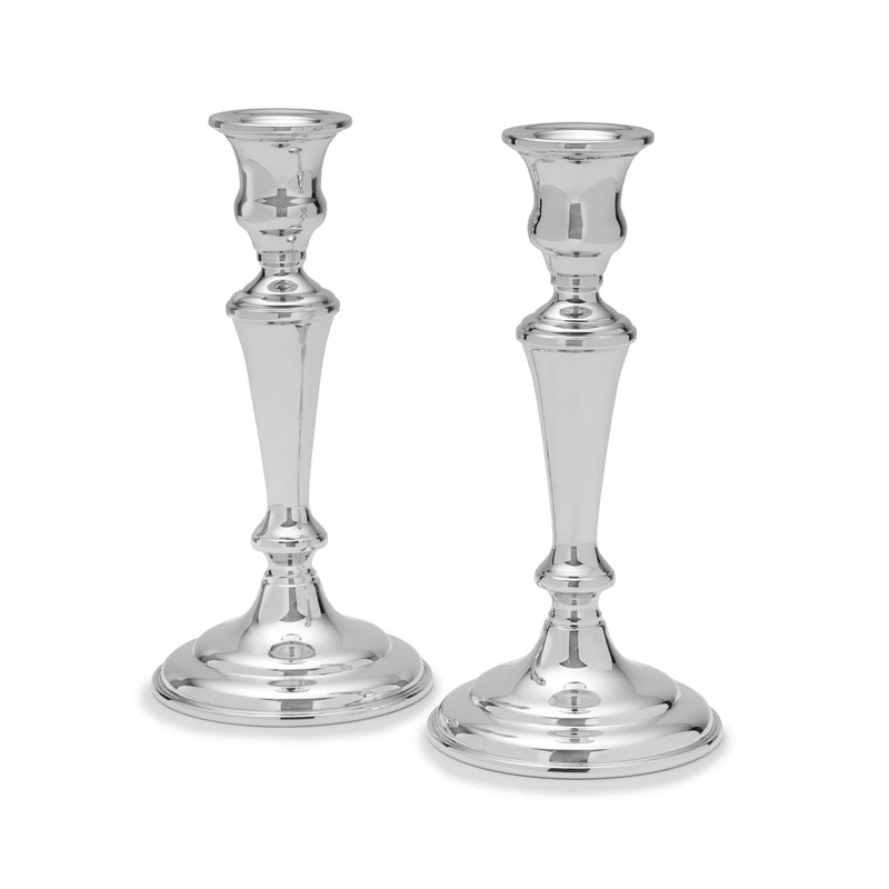 Set of 2 pewter candlestick holders, tall tapered shapes with round bases