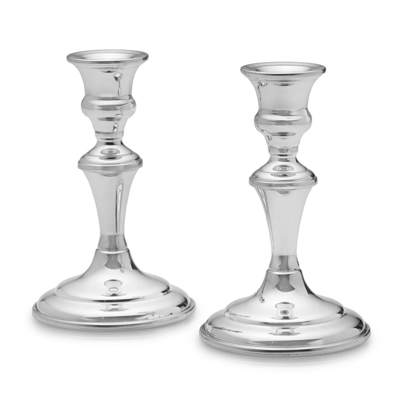 Set of 2 medium pewter candlestick holders with fluted columns and round bases