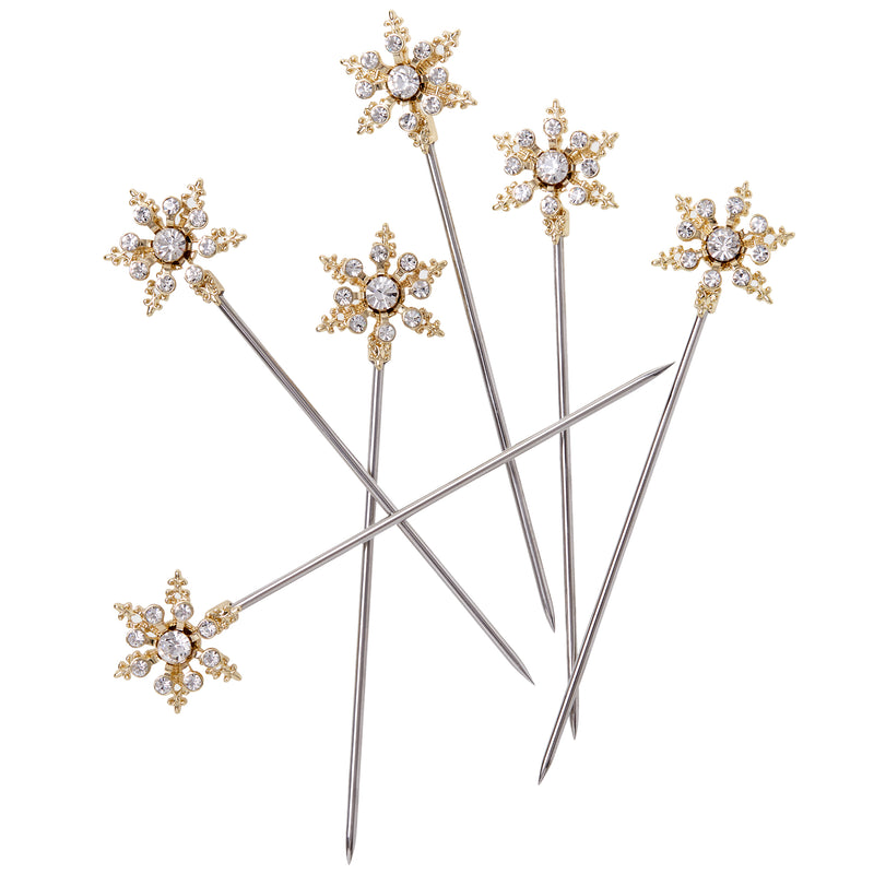 Set of 6 stainless cocktail picks with jeweled gold snowflake toppers
