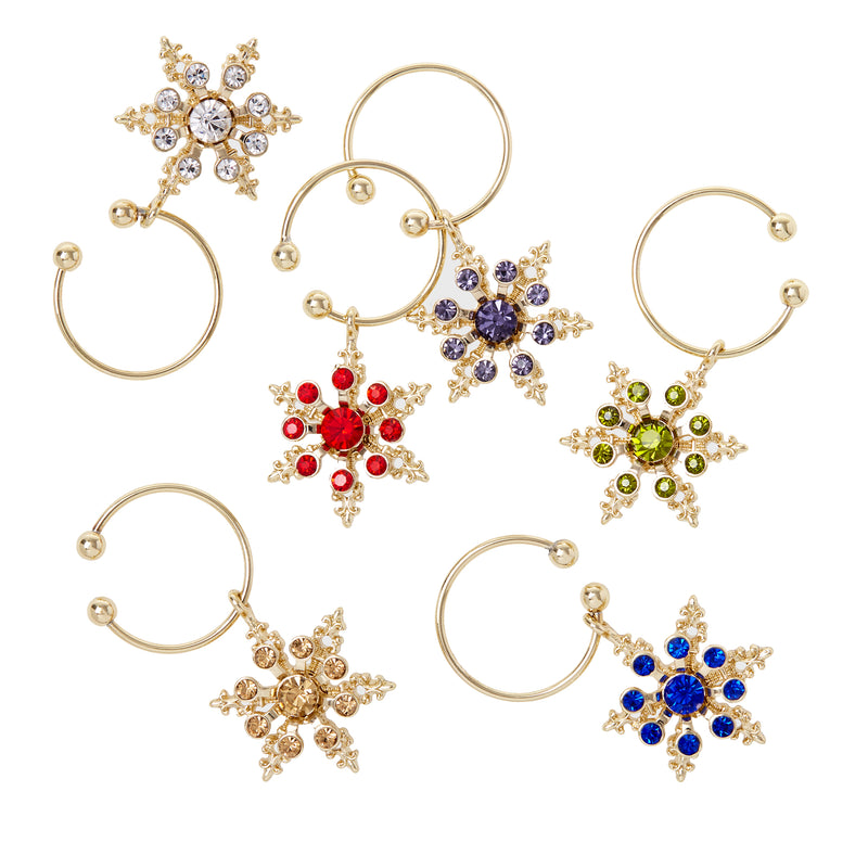 Joanna Buchanan set of 6 snowflake wine charms, gold-tone rings with blue/red/green stones