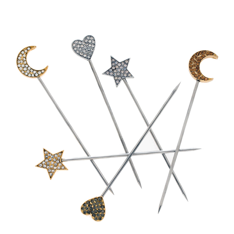 Set of 6 celestial cocktail picks with rhinestone moon and star toppers on metal sticks