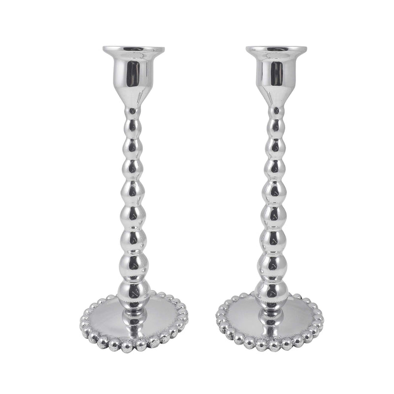 Set of 2 silver candlestick holders with beaded stems and round beaded bases
