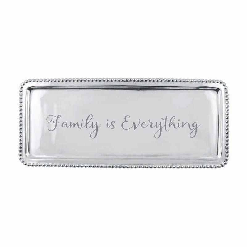 Mariposa beaded long serving tray with silver beaded border and “Family is Everything”