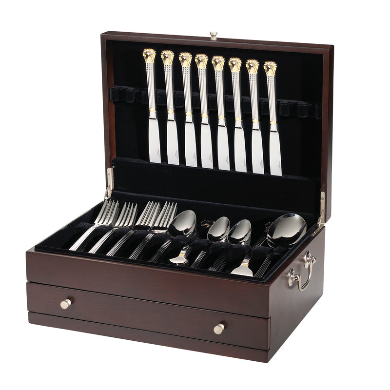 Single-drawer flatware chest open, holding rows of forks and spoons with velvet-lined slots