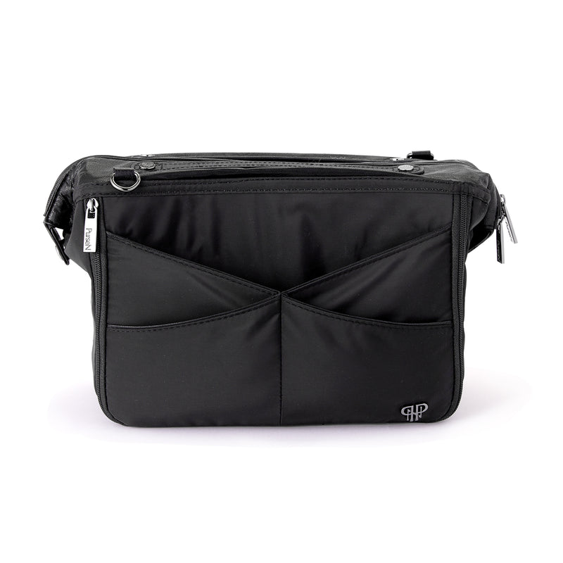 Black nylon purse organizer bag with front zip pocket and crossbody strap