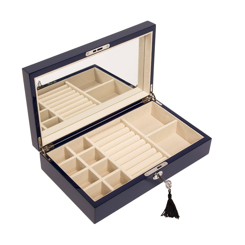 Navy single-hinged wooden jewelry box with compartment tray and tassel pull