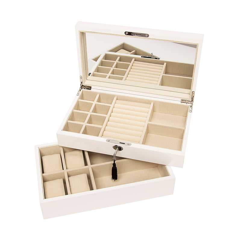 White stackable wooden jewelry box with open compartments and watch tray, hinged lid