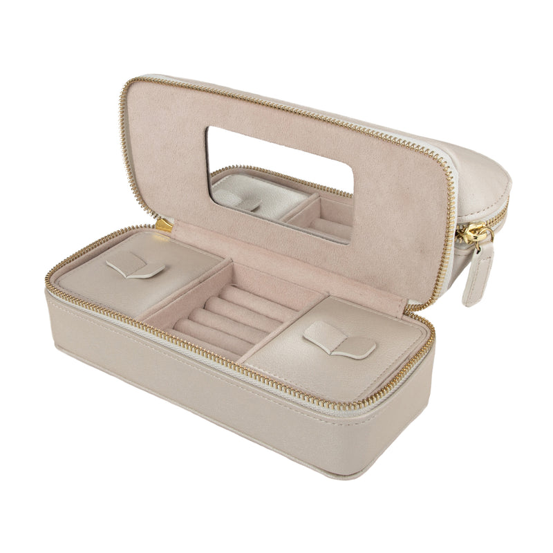Pearl white faux leather travel organizer with zip and hinged lid, ring and slot compartments
