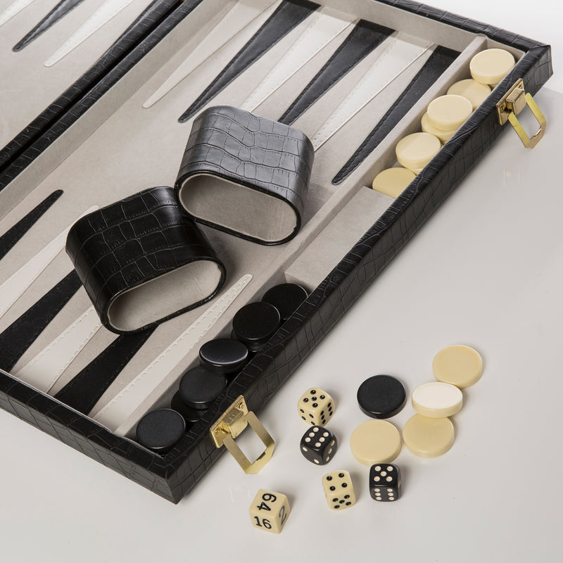 Black faux leather croc backgammon set with board, cup holders, dice and checker pieces