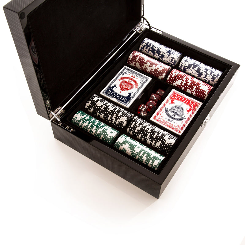 Brouk & Co. carbon fiber 200-chip poker set in open case with poker chips