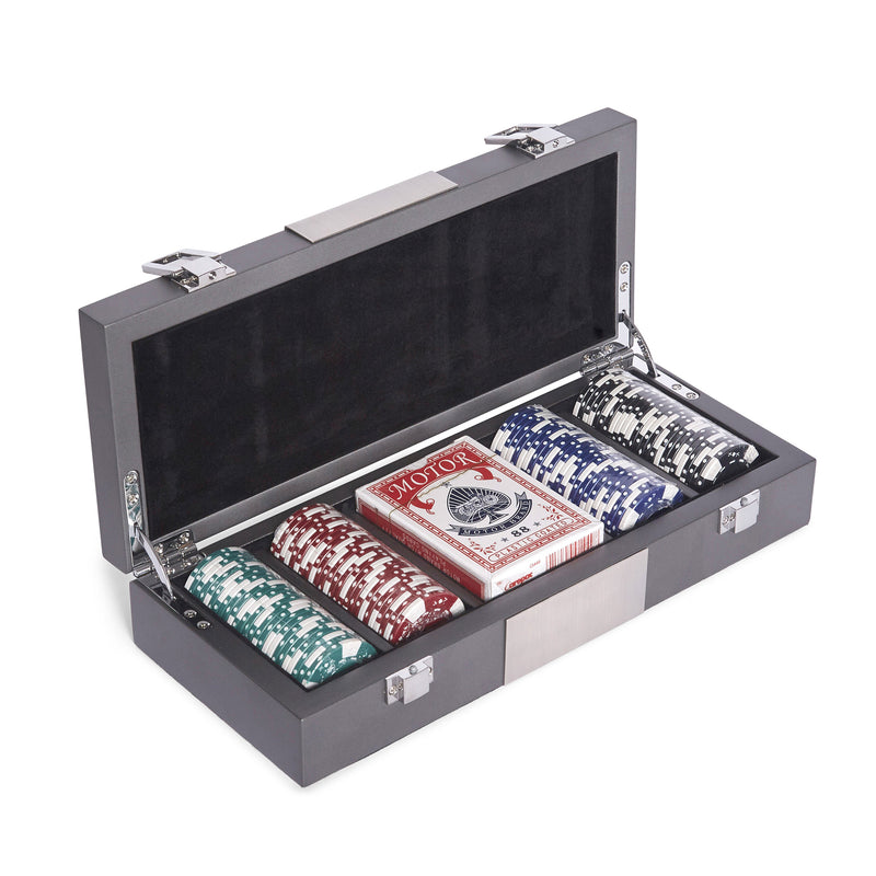 100-chip poker set case with hinged lid, chips in segmented tray and dice storage