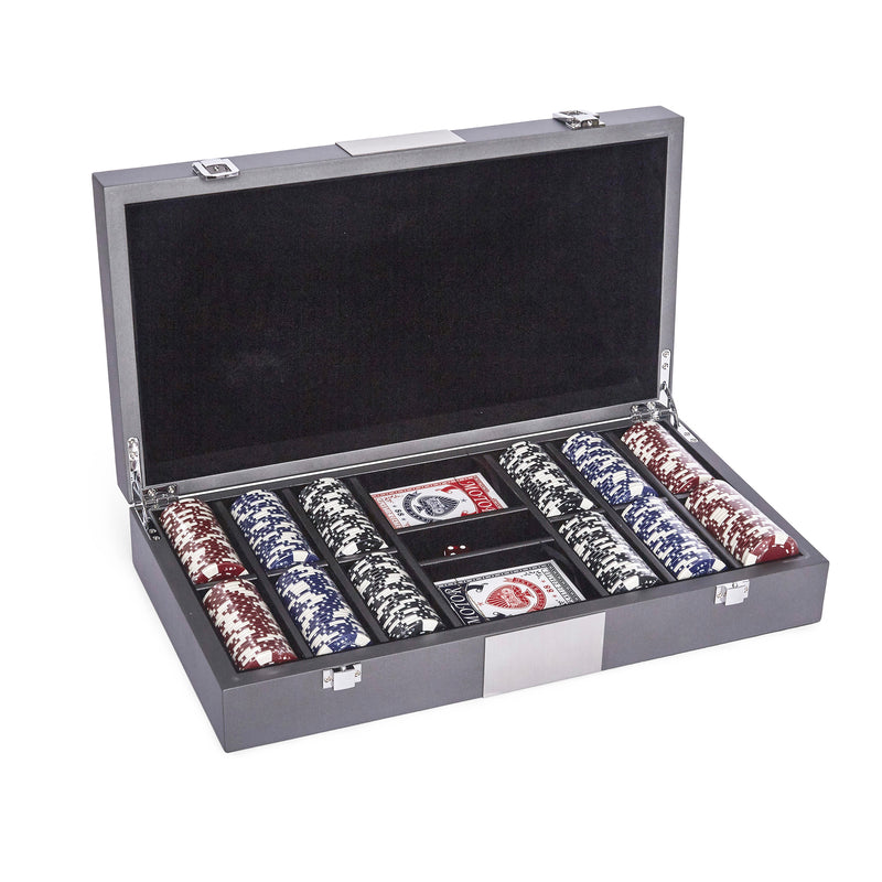 Brouk & Co. Bradford 300-chip poker set: open case with chip trays and poker chips