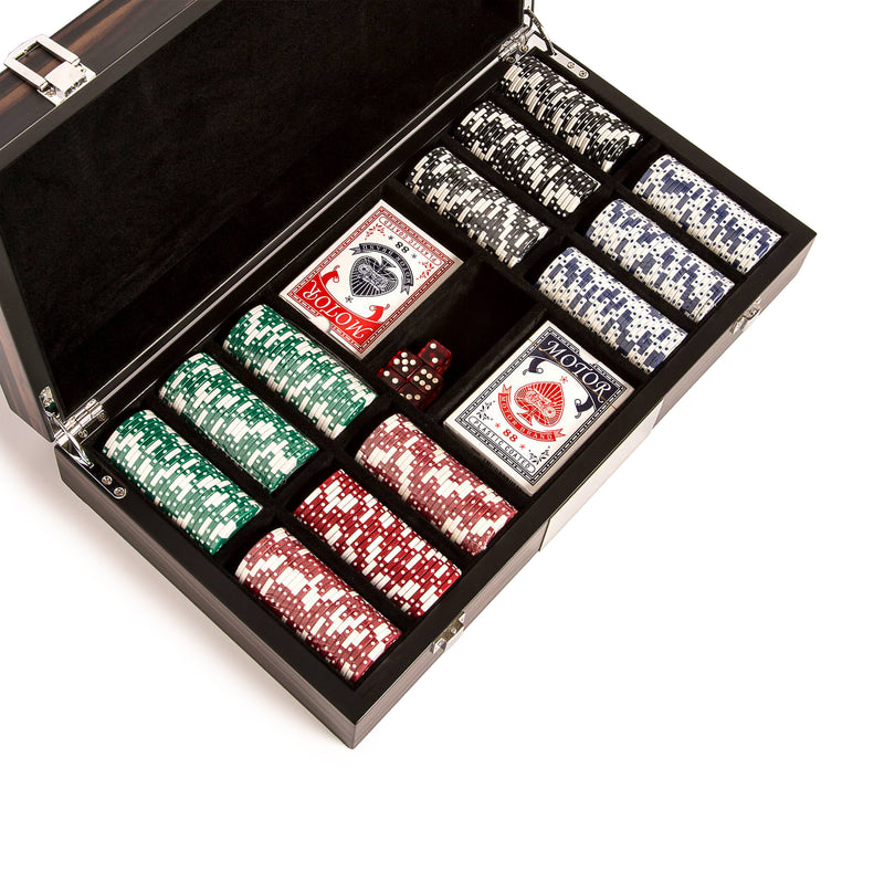 Poker chip set in matte ebony case with multicolor chips and two playing card decks