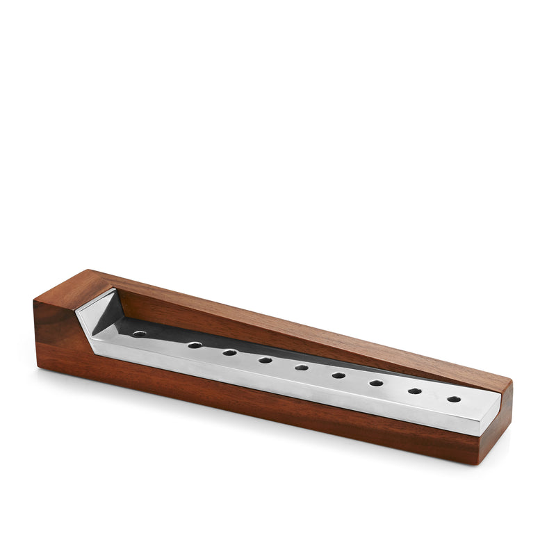 Wooden geo menorah base with silver metal insert and six round candle holes