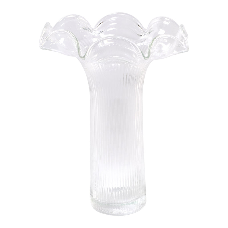 Medium striped glass vase with fluted vertical ridges and scalloped rim, clear glass
