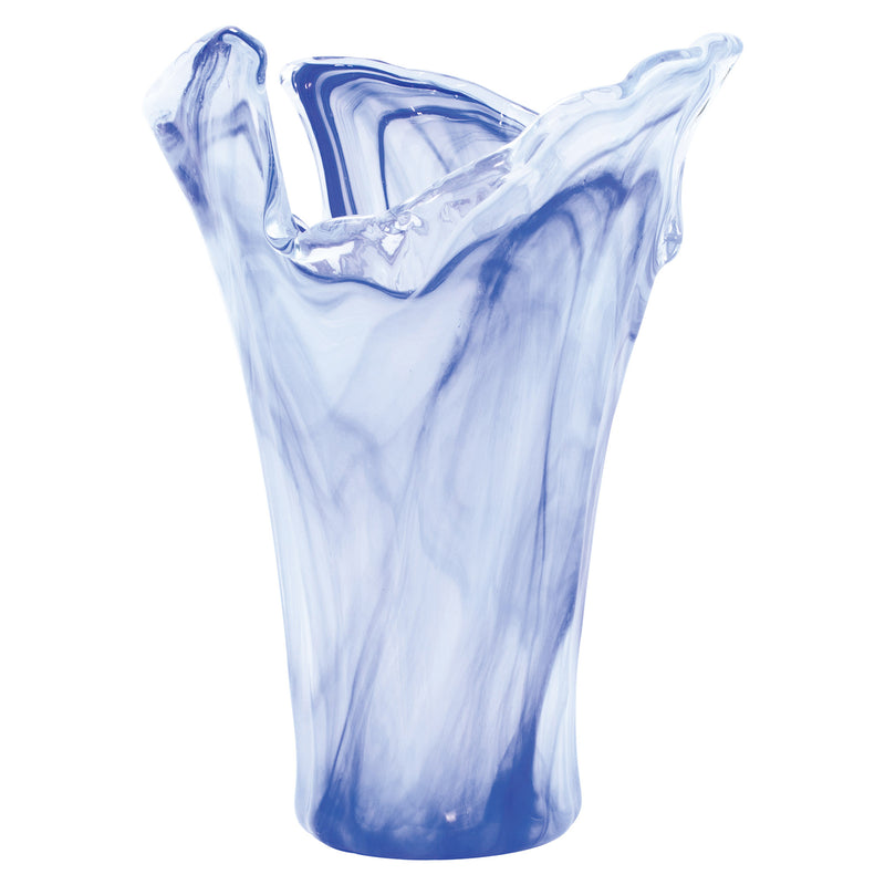 Vietri Onda cobalt glass vase, tall wavy rim, translucent light blue with dark base