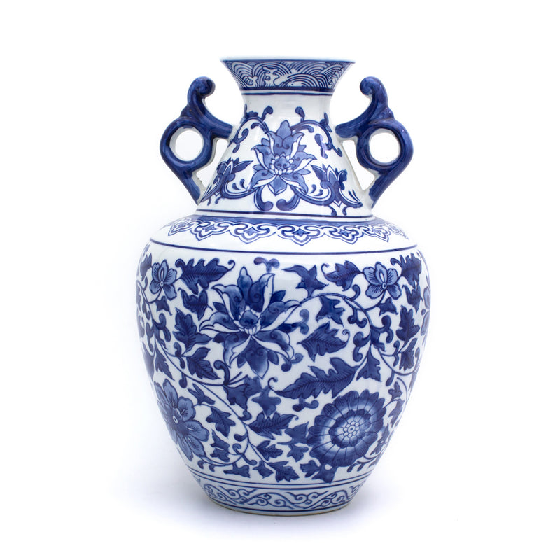 Blue-and-white porcelain two-handled vase, floral lotus pattern