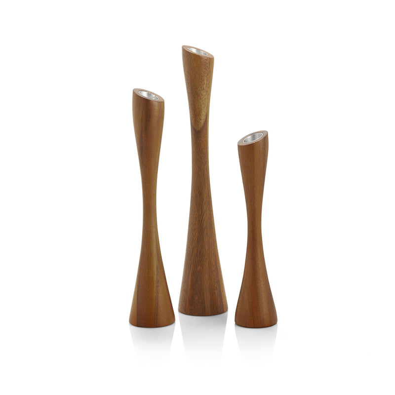 Set of 3 wooden tapered candlestick holders with round openings