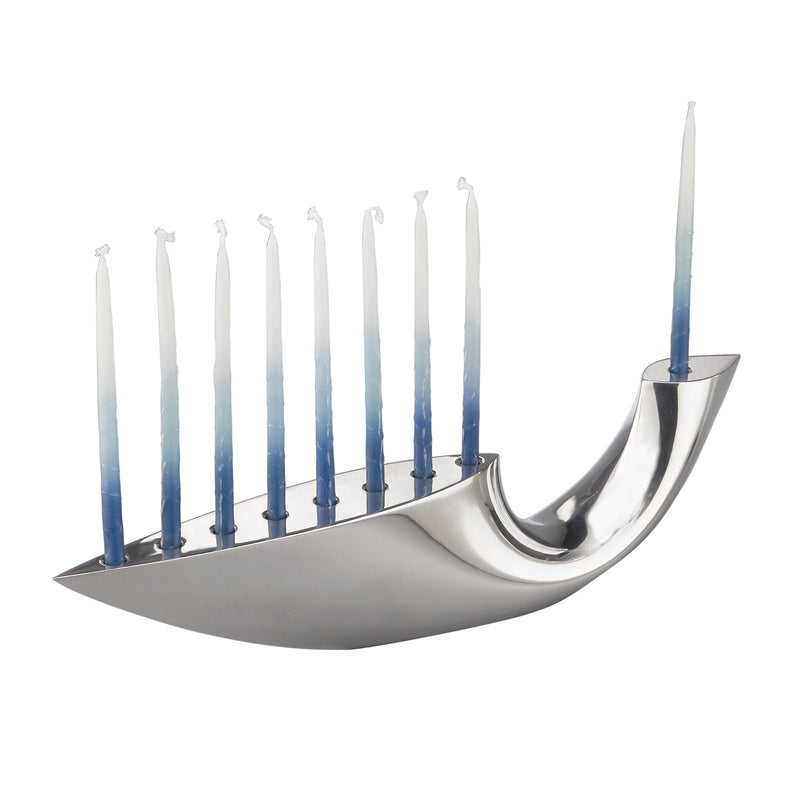 Silver-tone crescent menorah with eight tall candles and curved candle holder