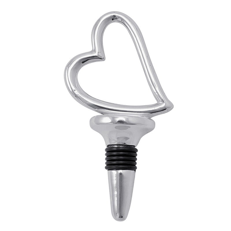 Heart-shaped metal bottle stopper with polished silver finish and black rubber seal
