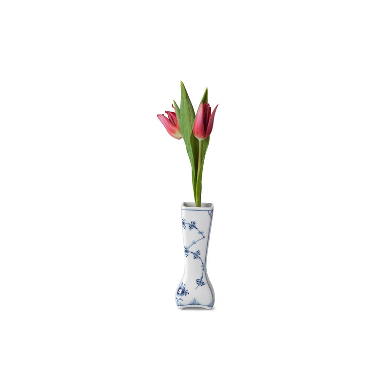 Small porcelain vintage vase with blue floral motif and vertical fluted texture