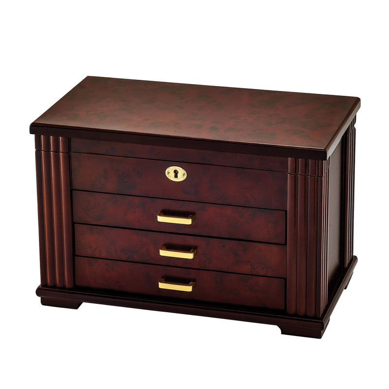 Matte rosewood burlwood locking jewelry box with three drawers and brass keyhole