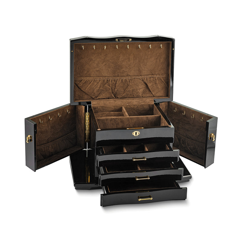Locking ebony-style jewelry box with open compartments and multiple drawer trays