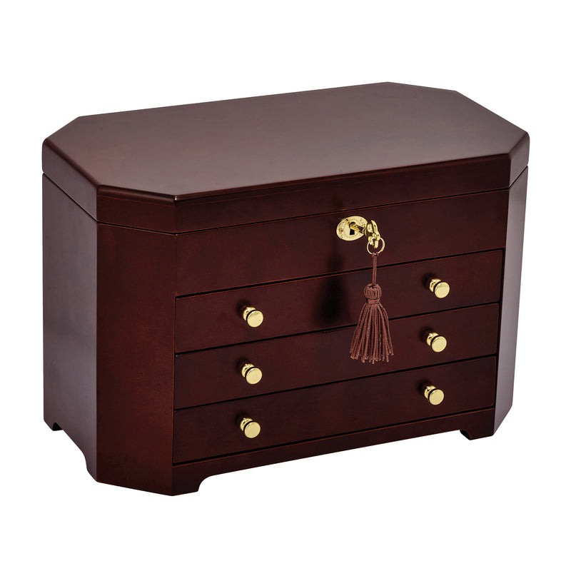 Mahogany locking jewelry box with gold clasp, front drawers and round knobs