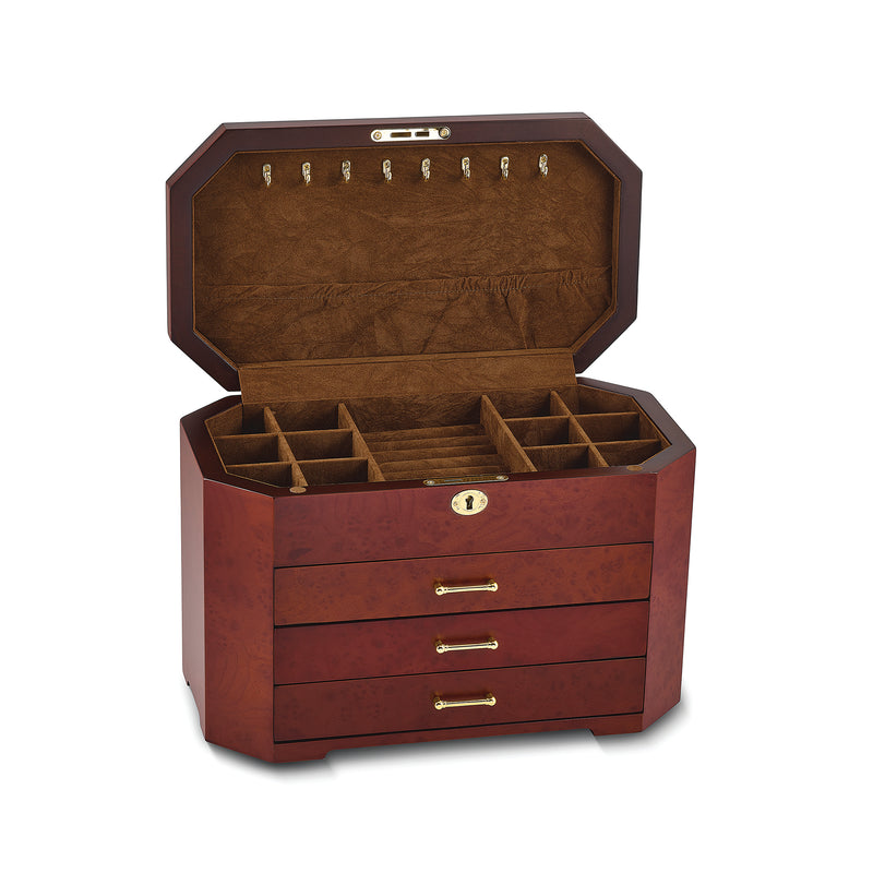 Locking jewelry box with dark wood trim, open compartments and three drawers