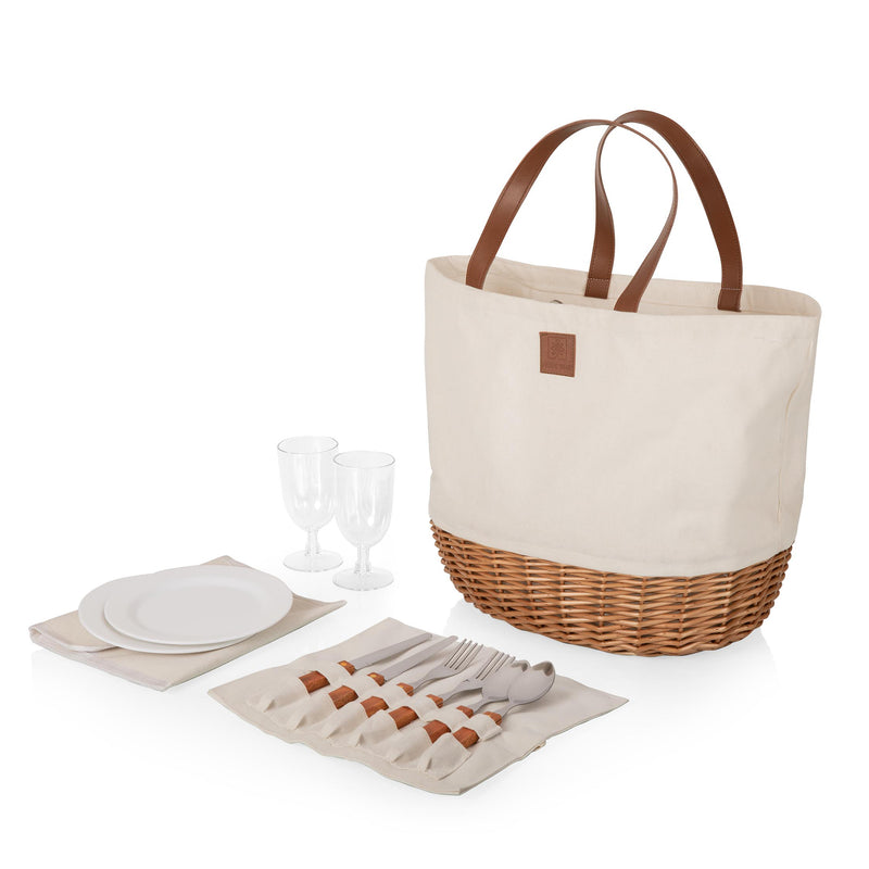 Beige picnic basket set for 2 with wicker basket, fabric liner, plates, glasses and napkin