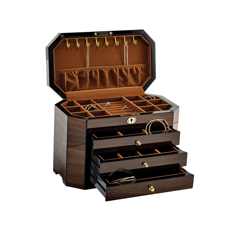 Walnut veneer locking jewelry box, open with velvet compartments and drawers