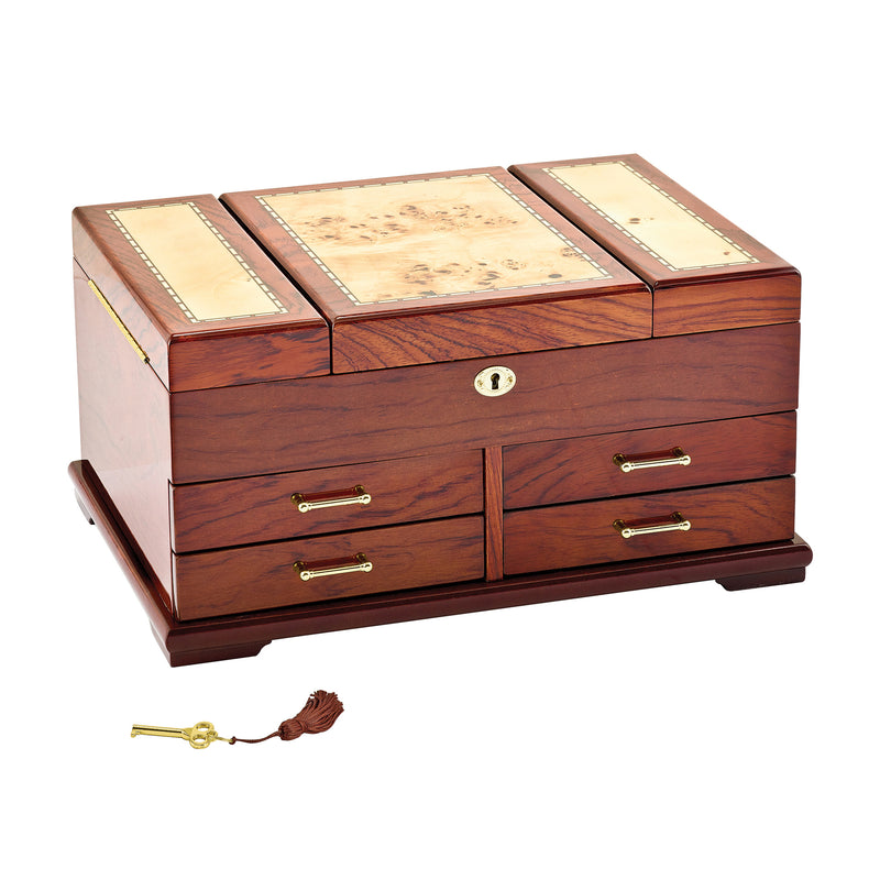 Wood veneer locking jewelry box with decorative top inlay and brass latch, drawer front