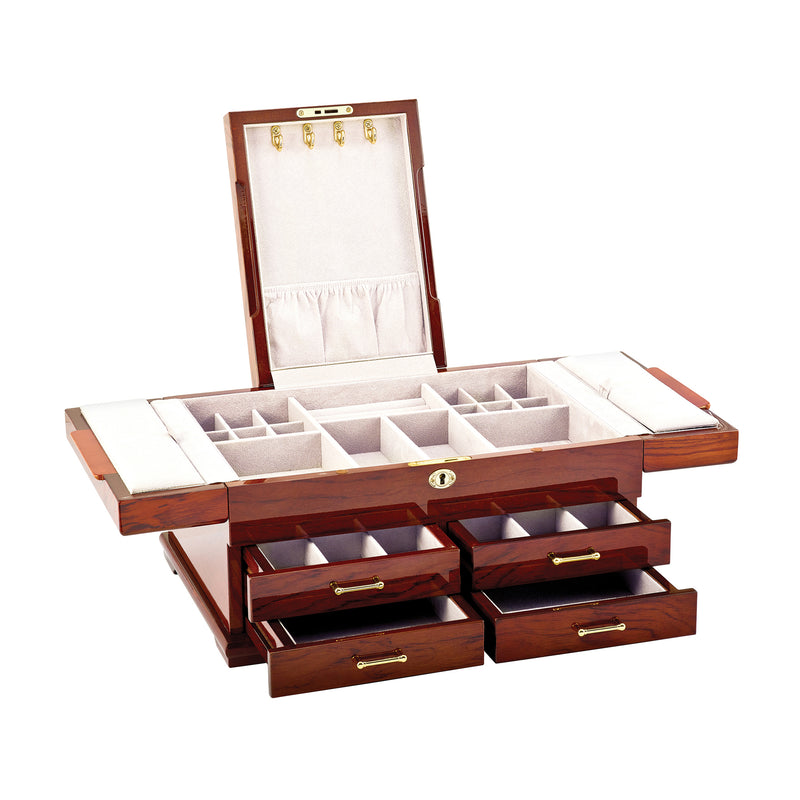Open locking jewelry box with white velvet compartments and four pull-out drawers