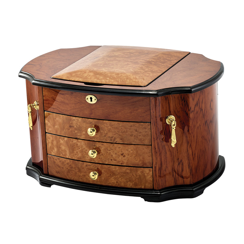Locking burlwood jewelry box with hinged lid, three drawers, and brass key lock