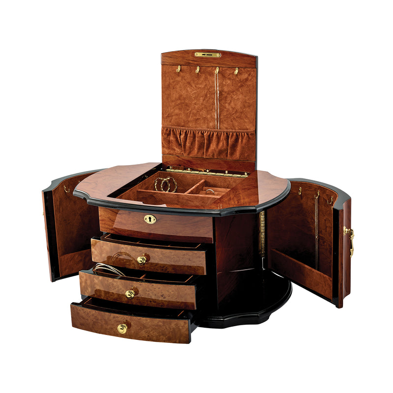 Locking burlwood jewelry box with open velvet-lined top, compartments, and three drawers
